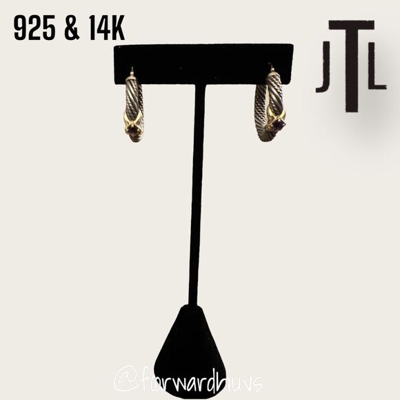 JTL Sterling Silver & 14K Gold Twisted Hoop Earrings – Amethyst Gemstone Accents - Picture 4 of 13